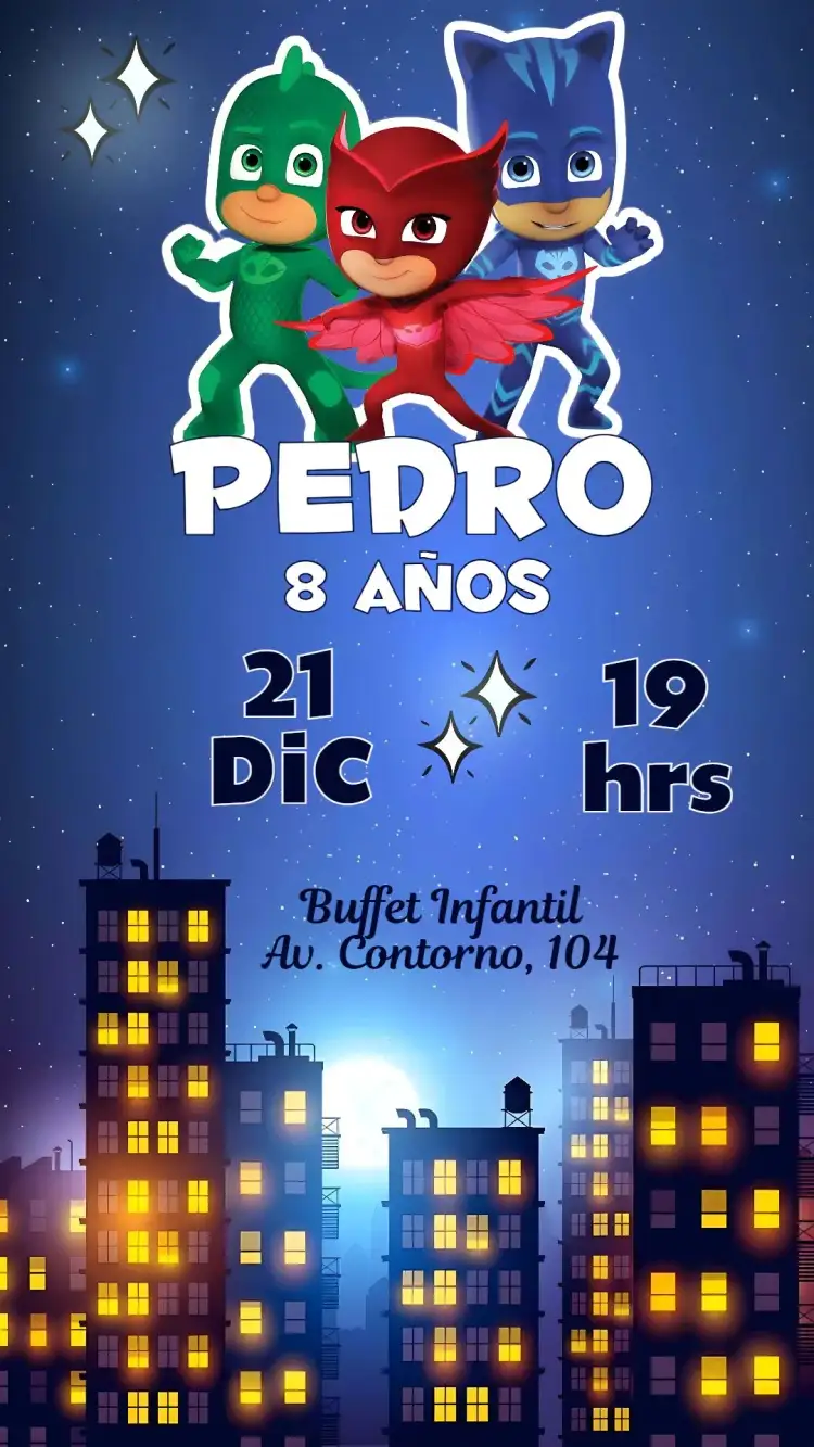 Invitación PJ Masks – tema Cumpleaños Infantil colorido, temático, divertido, superhéroes, infantil