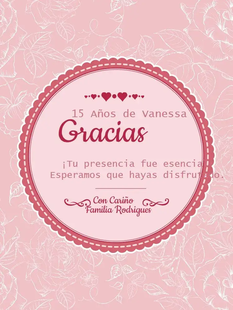 Invitación Tarjeta De Agradecimiento Presencia 15 Años Lúdico Claro – tema Tarjeta floral, delicado, joven, claro, rosa, lúdico