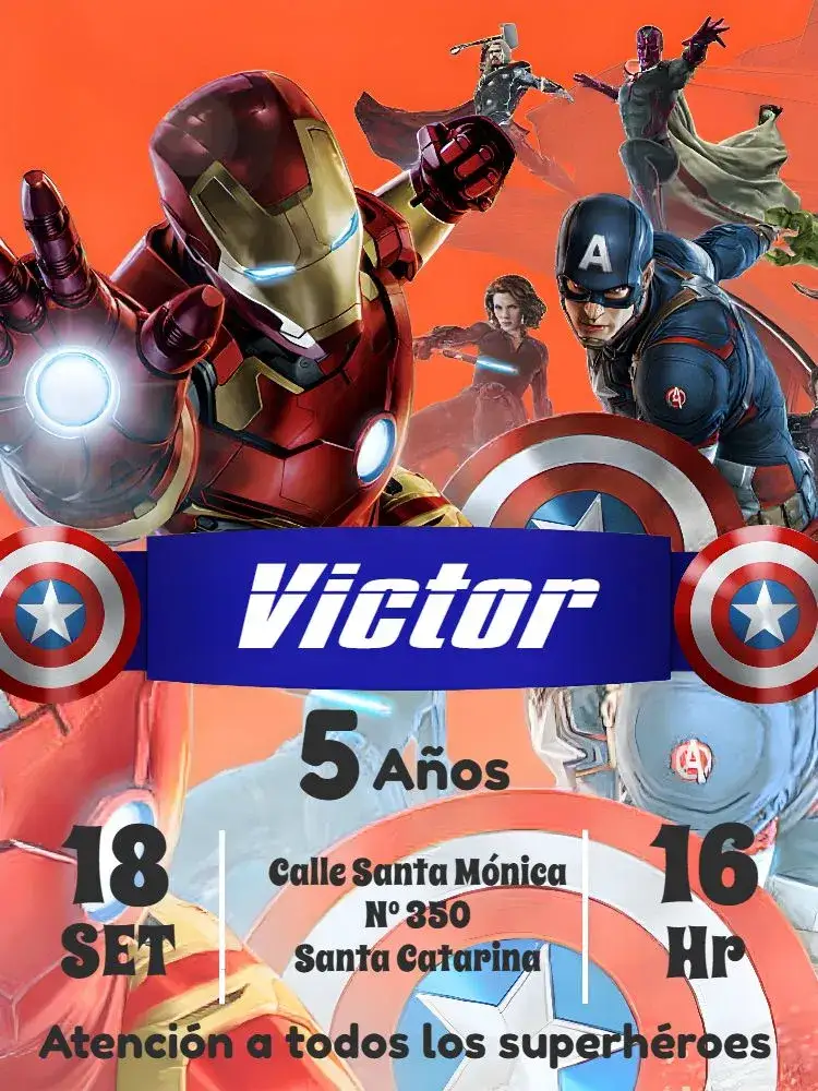 Invitación Para Los Vengadores Digitales – tema Fechas Conmemorativas superhéroes, moderno, temático, azul y negro, divertido, colorido