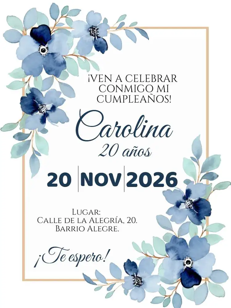 Invitación Cumpleaños Floral azul – tema Cumpleaños floral, azul, dorado, elegante, moderno, vibrante