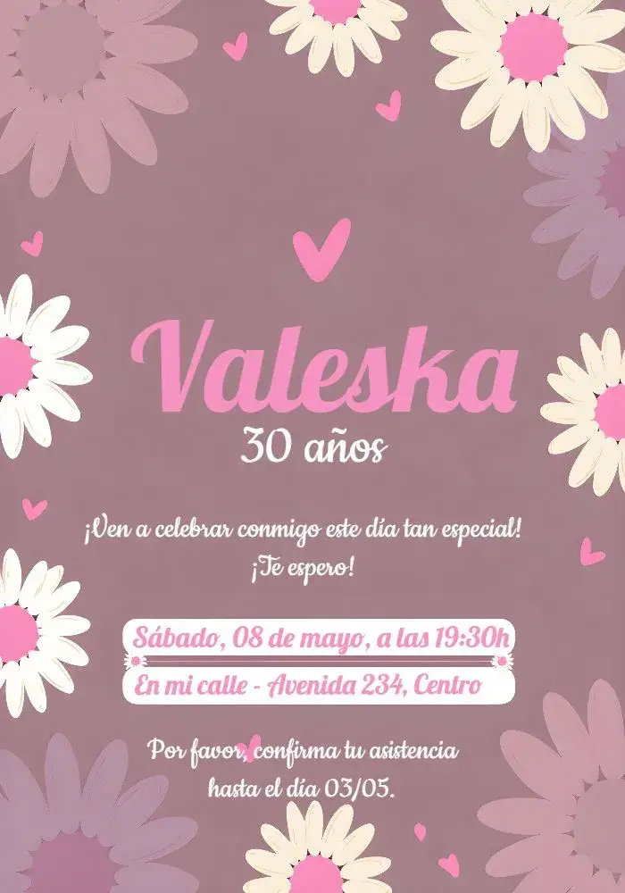 Invitación Fiesta Margaritas – tema Cumpleaños floral, romántico, colorido, delicado, moderno