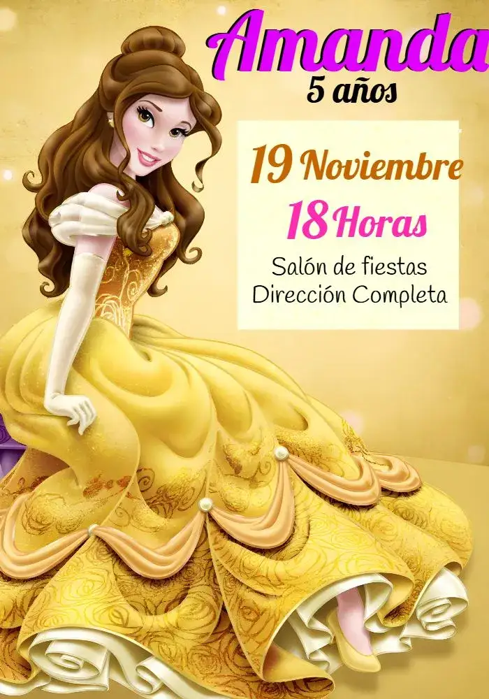 Invitación La Bella y la Bestia Amarillo – tema Bautismo amarillo, blanco, cuento de hadas, moderno, colorido