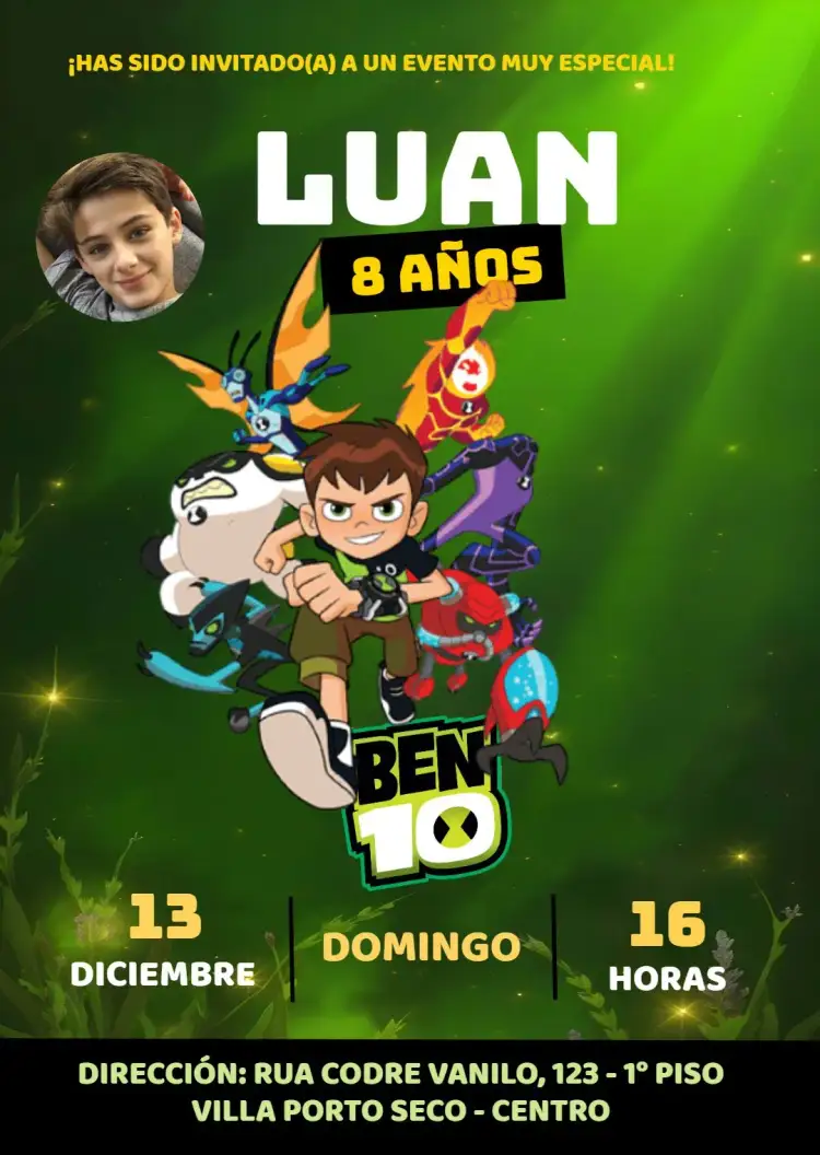 Invitación Ben 10 Con Foto a Color – tema Cumpleaños Infantil colorido, aventura, héroes, infantil, divertido
