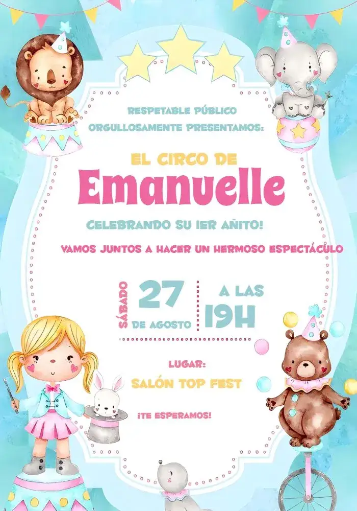 Invitación Circo Rosa Infantil – tema Cumpleaños Infantil rosa, divertido, lúdico, colorido, circense