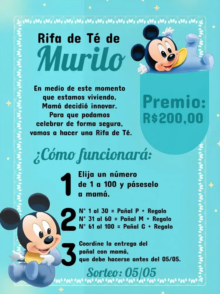 Invitación Té Rifa Mickey Mouse Cha – tema Té Rifa infantil, colorido, lúdico, moderno, divertido
