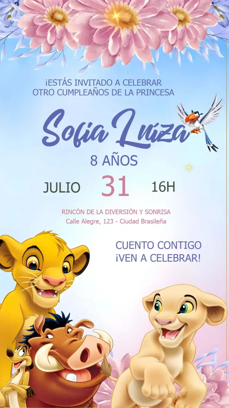 Invitación Rey León Rosa – tema Cumpleaños Infantil floral, rosa, divertido, colorido, lúdico