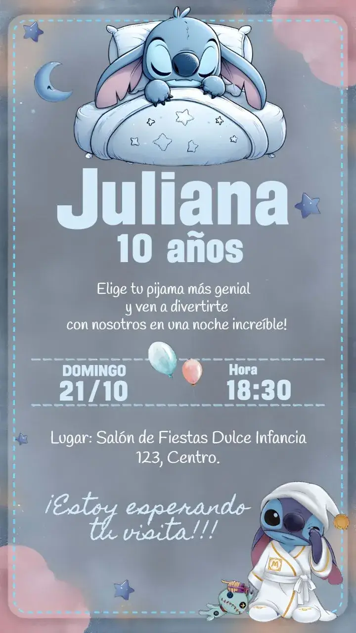 Invitación Fiesta De Pijamas Stitch Durmiendo