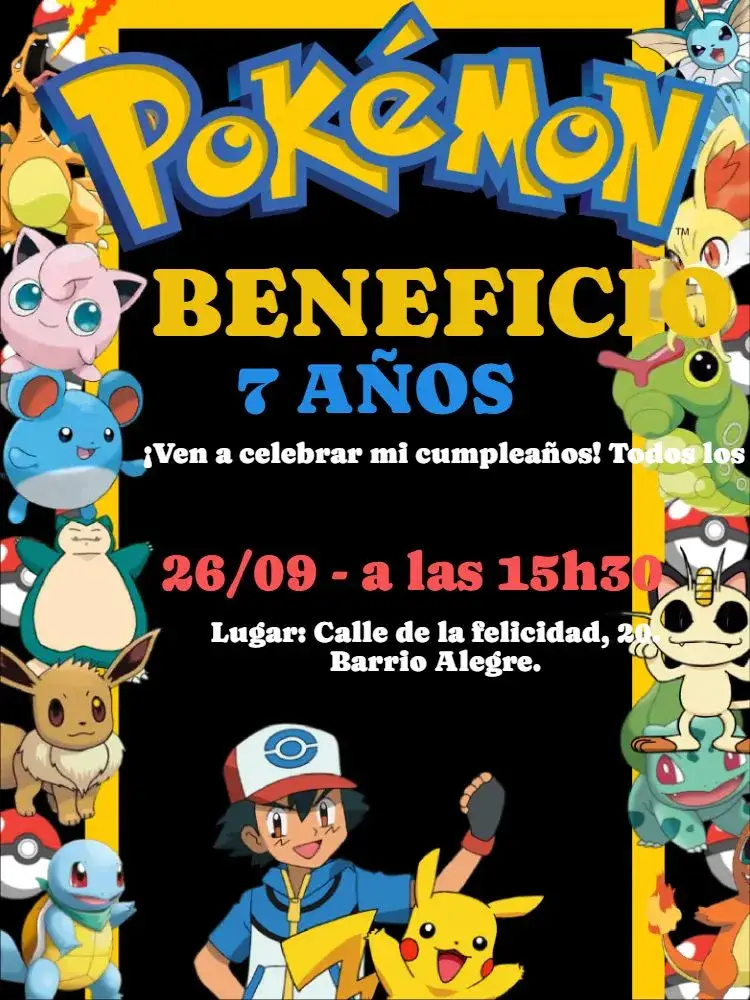 Invitación Cumpleaños de Pokémon – tema Cumpleaños Infantil colorido, divertido, infantil, temático, vibrante