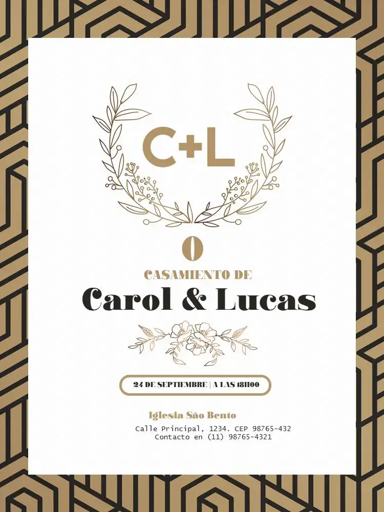 Invitación Boda Moderna Dorada – tema Boda dorado, moderno, geométrico, floral, elegante, claro