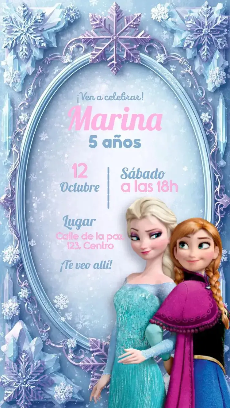 Invitación Frozen – tema Más buscados azul frío, blanco cristal, elementos de hielo, estilo Disney, ilustraciones coloridas, mágico y divertido