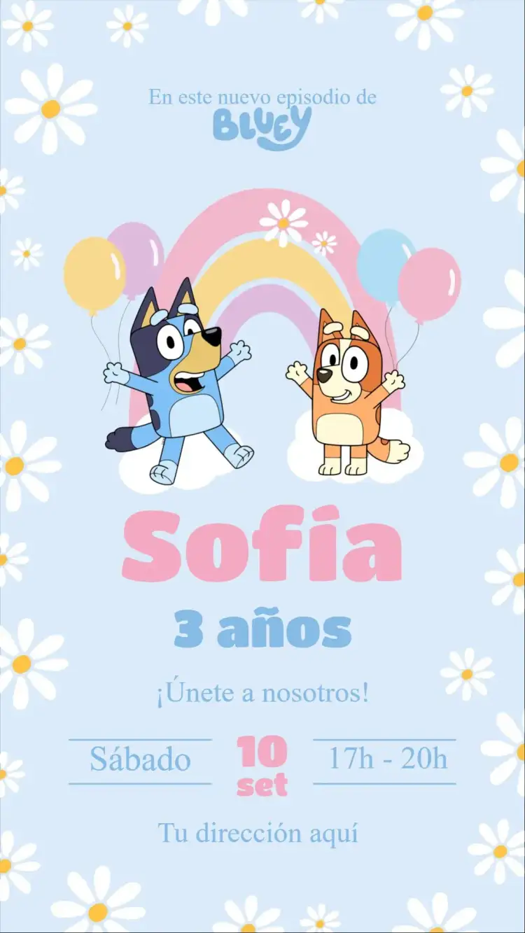 Invitación Bluey – tema Cumpleaños Infantil colorido, divertido, infantil, temático, alegre, moderno