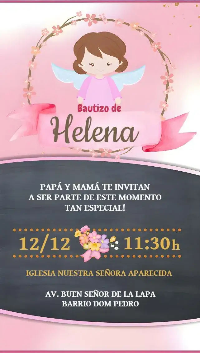 Invitación Presentación de Anjinha Rosa Infantil – tema Bautismo rosa pastel, ángeles, infantil, delicado, divertido, elegante