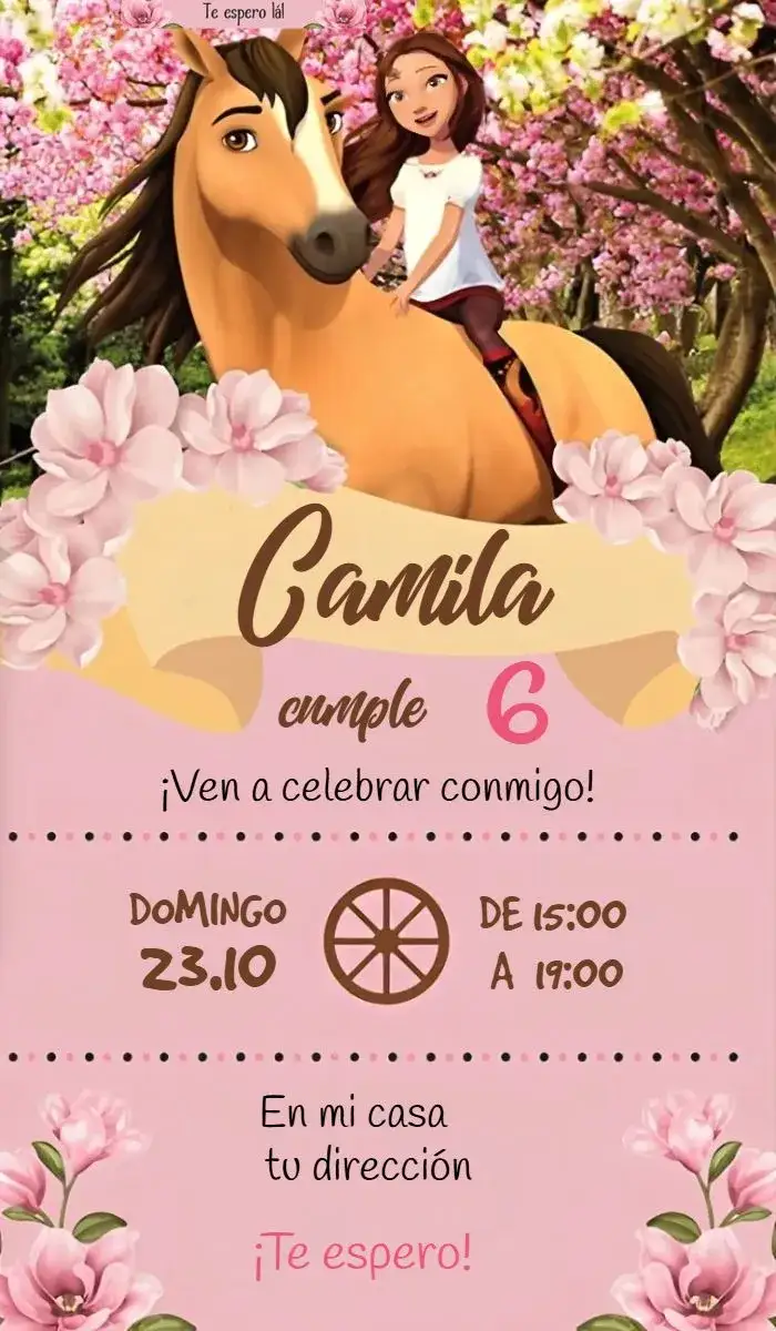 Invitación Spirit Corsel – tema Cumpleaños rosa, lúdico, fantasía, caballos, infantil, alegre
