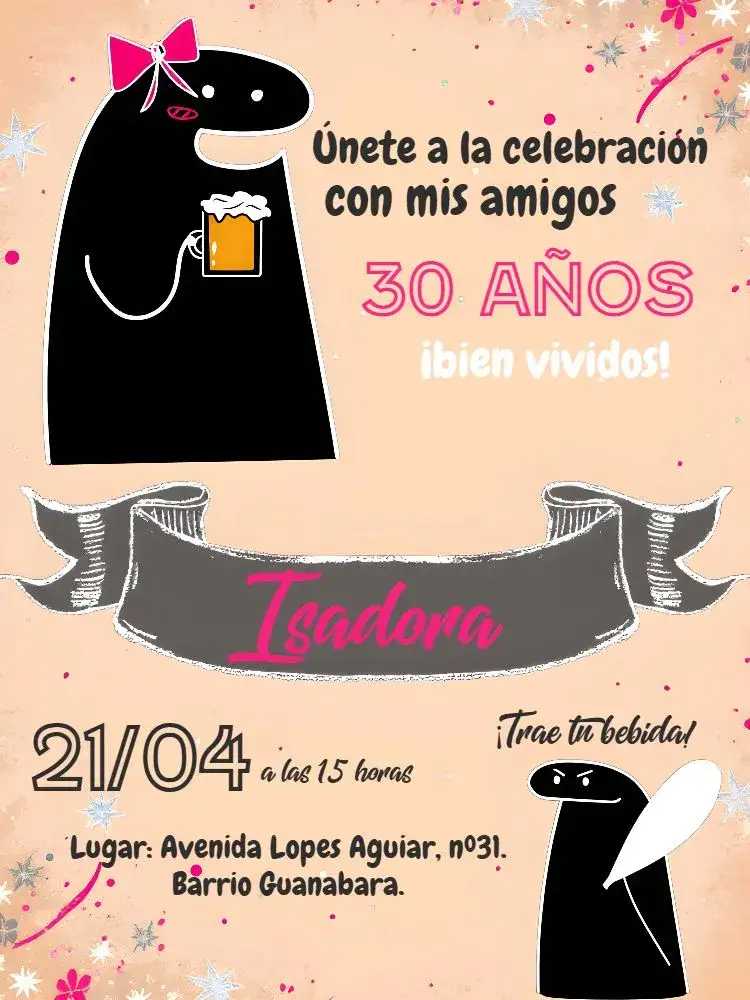 Invitación Flork Bentô Boteco – tema Cumpleaños pizarra, rosa y negro, moderno, divertido, relajado, bar