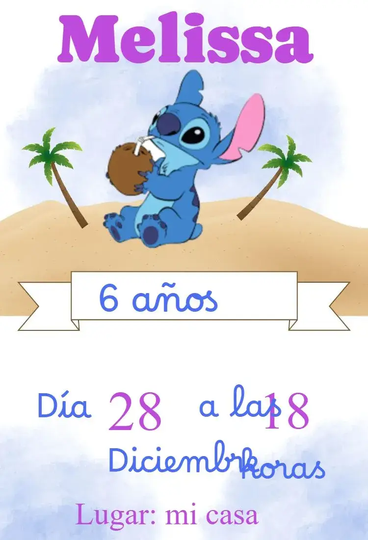 Invitación cumpleaños infantil Stitch Playa