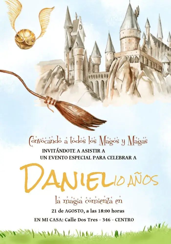 Invitación Harry Potter Hogwarts – tema Cumpleaños Infantil mágico, fantasía, vintage, ilustraciones de brujos, colores vibrantes, estilo clásico