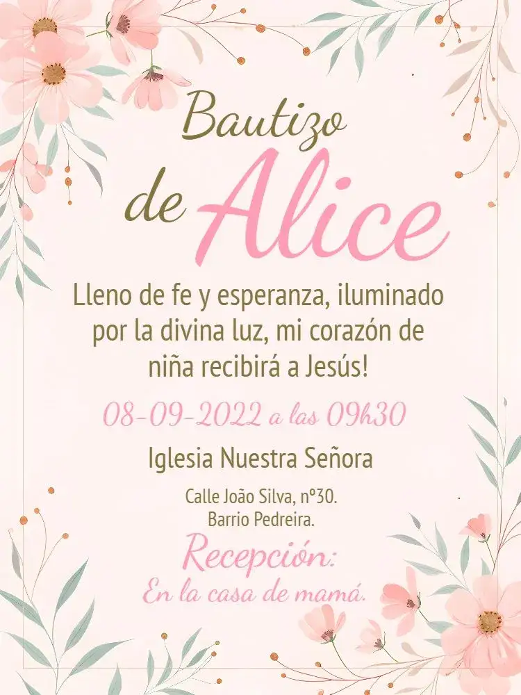 Invitación Bautizo Floral Blanco – tema Bautismo floral, rosa, blanco, dorado, delicado, infantil