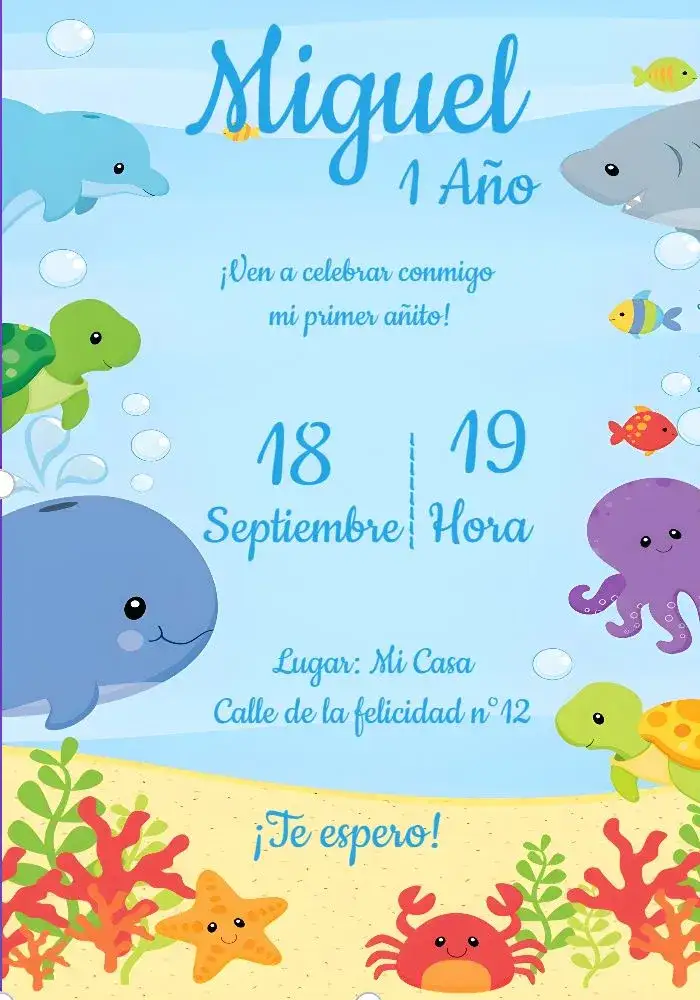 Invitación Fondo Del Mar – tema Cumpleaños Infantil fondo marino, azul, divertido, colorido, temático, marino