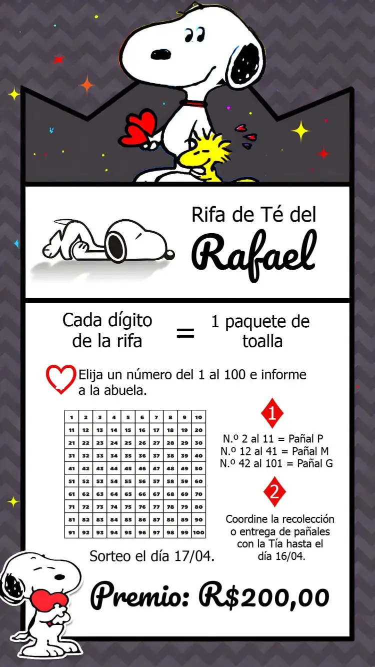 Invitación Té Rifa Snoopy Peanuts Cha – tema Té Rifa divertido, colorido, infantil, moderno, ilustrativo