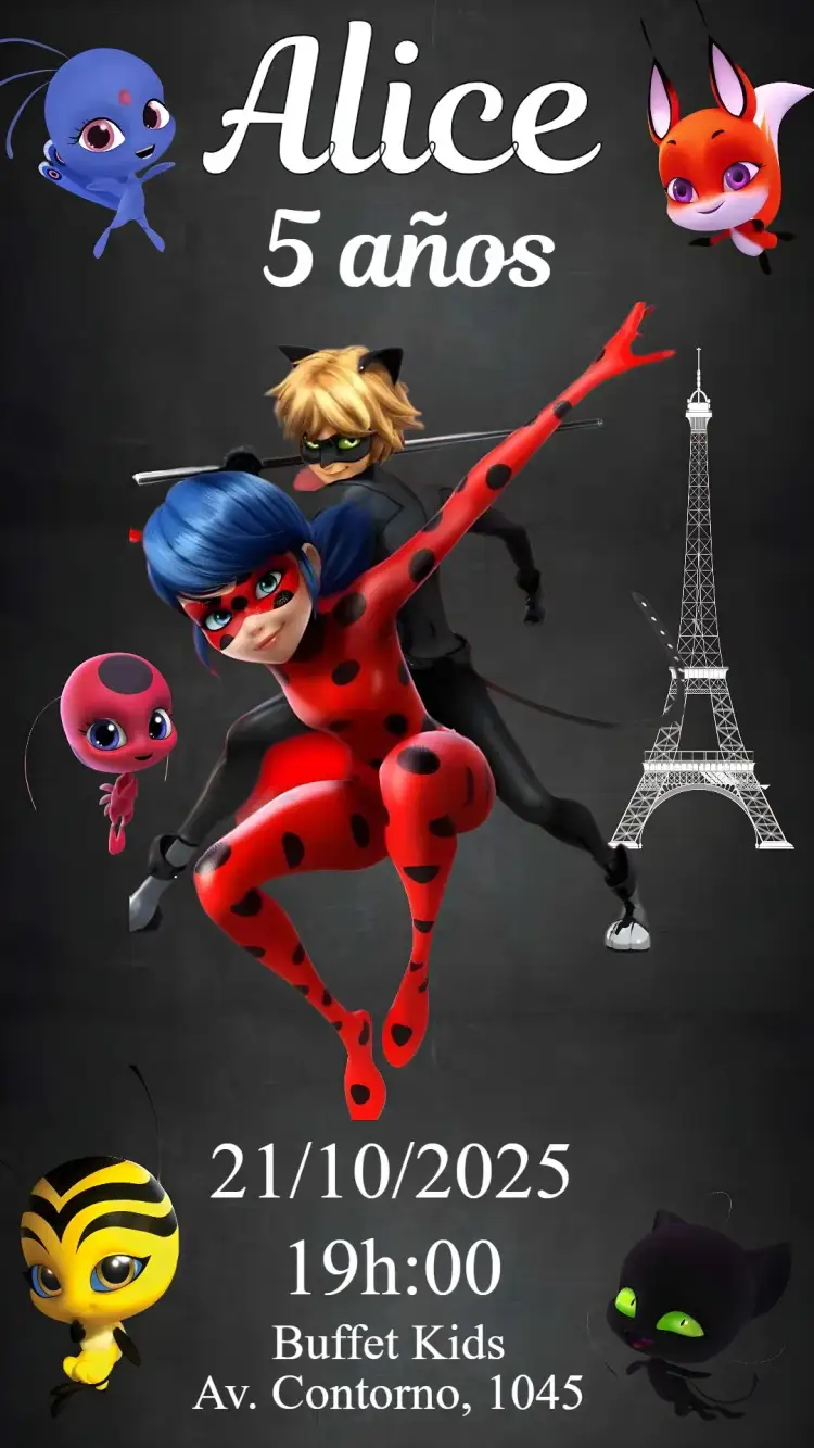 Invitación Ladybug – tema Cumpleaños Infantil colorido, divertido, infantil, temático, heróis, moderno