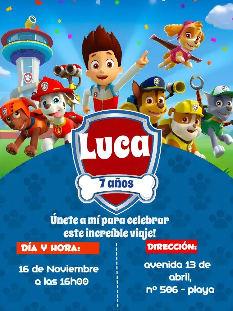 Invitación Patrulla Canina Azul – tema Cumpleaños Infantil colorido, divertido, infantil, temático, animado