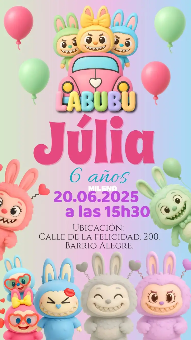 Invitación Cumpleaños Labubu – tema Cumpleaños Infantil rosa, infantil, divertido, colorido, lúdico