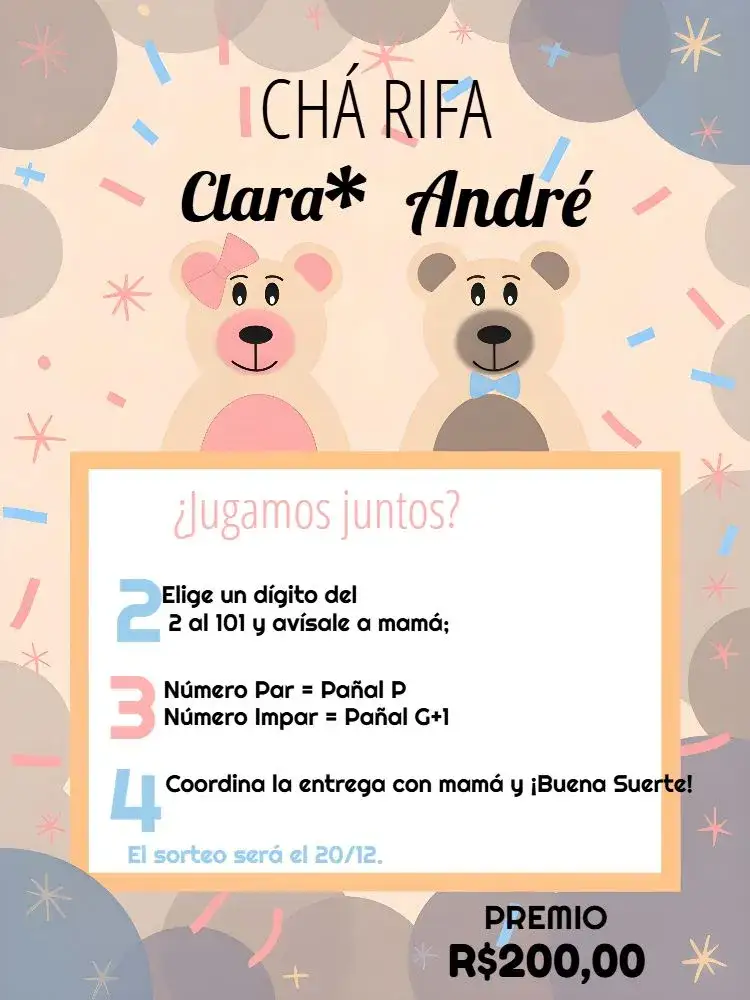 Invitación Chá Rifa Casal Ositos Niño – tema Té Rifa lindo, para niños, azul y blanco, osos de peluche, divertido, minimalista