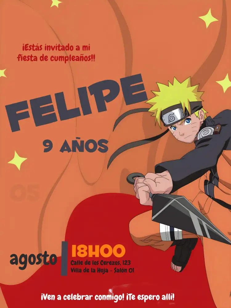 Invitación Naruto – tema Cumpleaños Infantil colorido, anime, vibrante, aventura, heróis, jovial