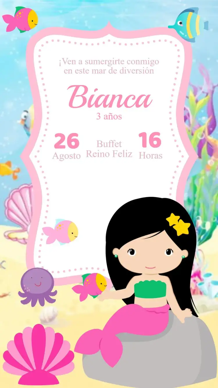Invitación Invitación Cumpleaños Sirena Fondo del Mar – tema Cumpleaños Infantil fondo marino, sirenas, colores vibrantes, elementos marinos, estilo lúdico, inspirado en la naturaleza