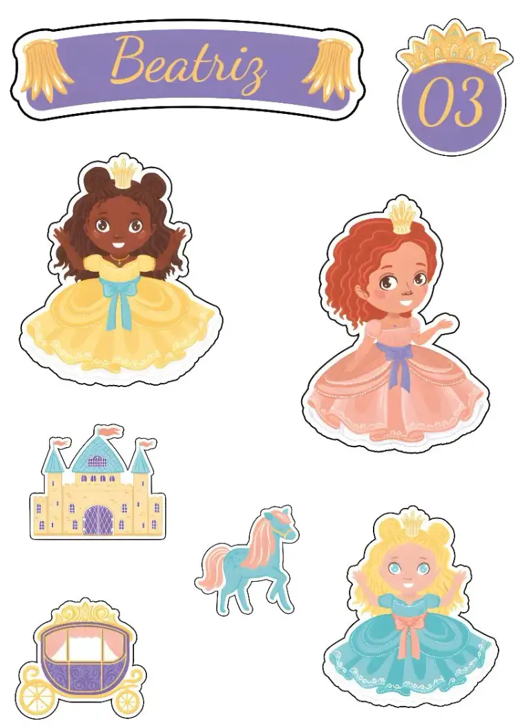 Invitación Topper de Pastel Princesa Castillo – tema Topper de torta temática de cuento de hadas, colores pasteles, elementos gráficos de castillo, ilustraciones de princesas, estilo lúdico, detalles encantadores