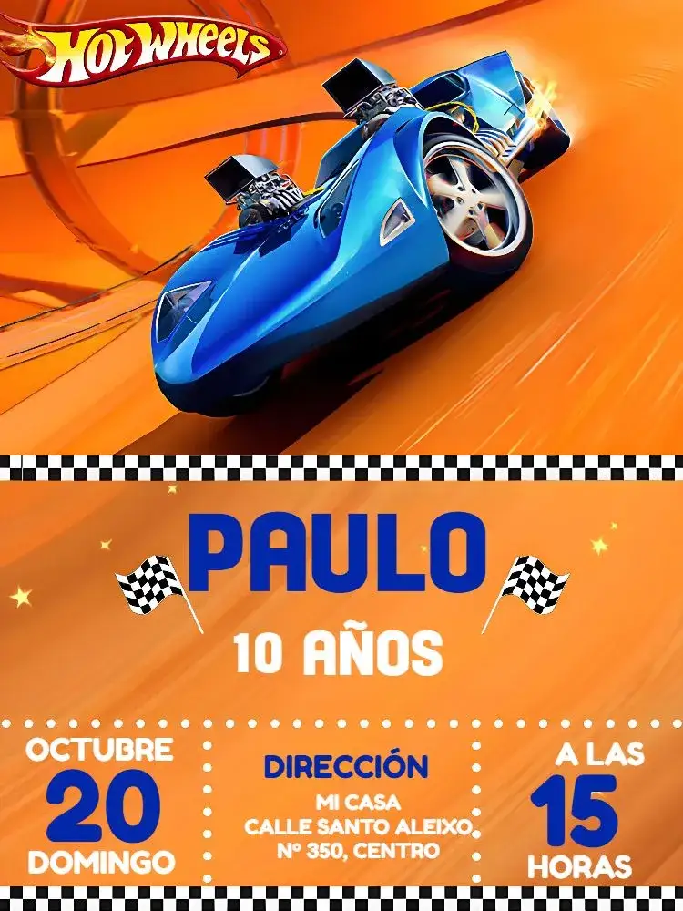 Invitación Hotwheels Niño – tema Más buscados colorido, divertido, temático, carrera, dinámico, moderno