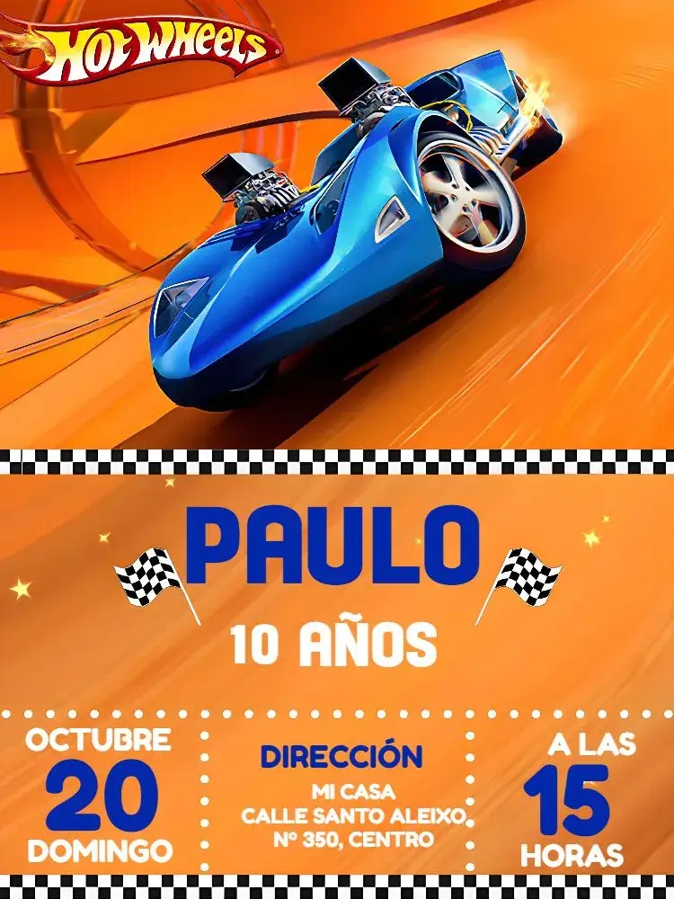 Invitación Hotwheels Niño