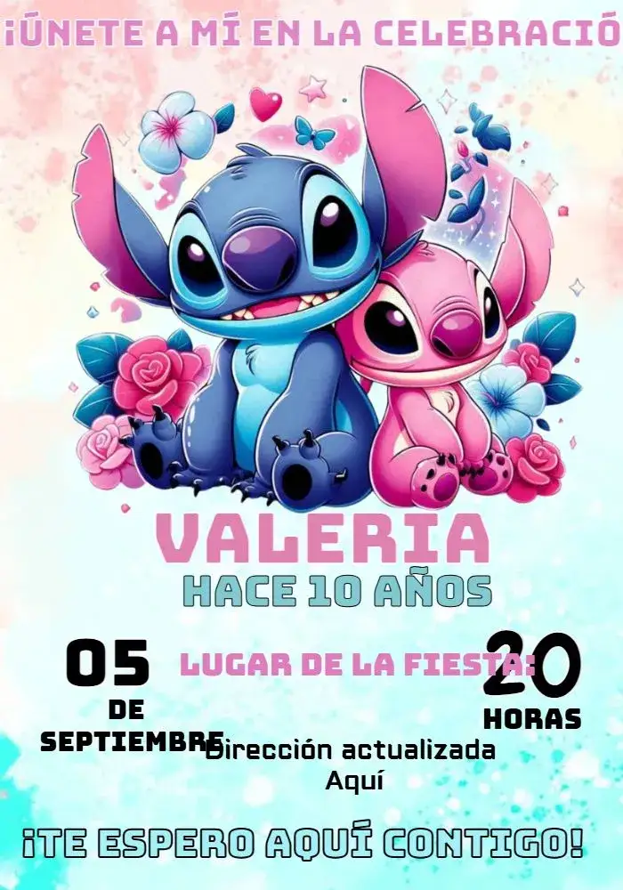 Invitación Stitch Angel – tema Más buscados lúdico, colorido, divertido, temático, infantil