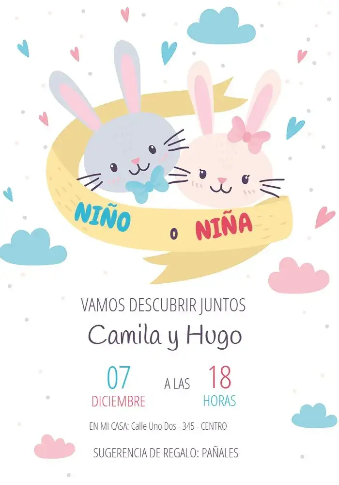 Invitación Chá Revelación Conejitos Princesa – tema Revelación Bebé delicado, lúdico, colorido, infantil, moderno, divertido