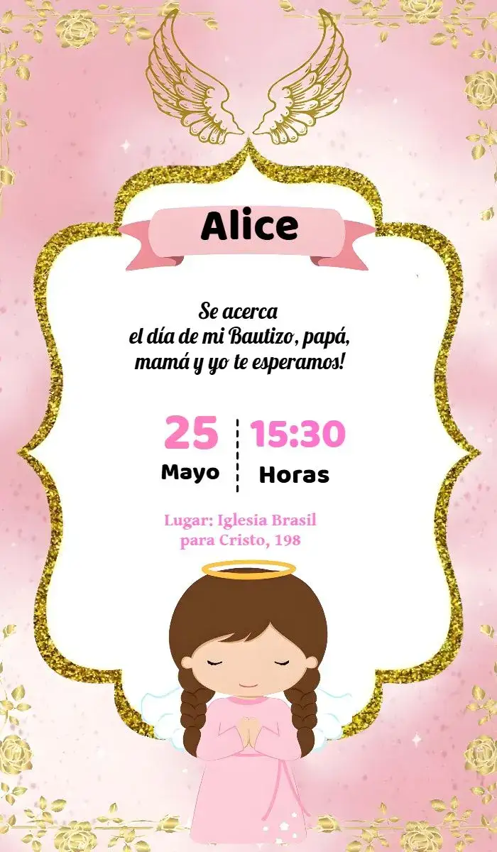 Invitación Bautizo Niña Rosa Brillo Primera Comunión – tema Primera Comunión rosa, brillo, moderno, delicado, femenino