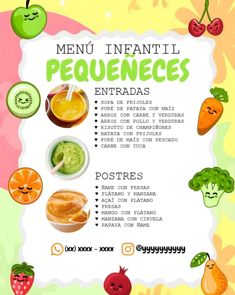 Invitación Menú Papillas Infantil Carta – tema Cumpleaños Infantil colorido, divertido, ilustraciones de alimentos, moderno, juguetón, temática infantil