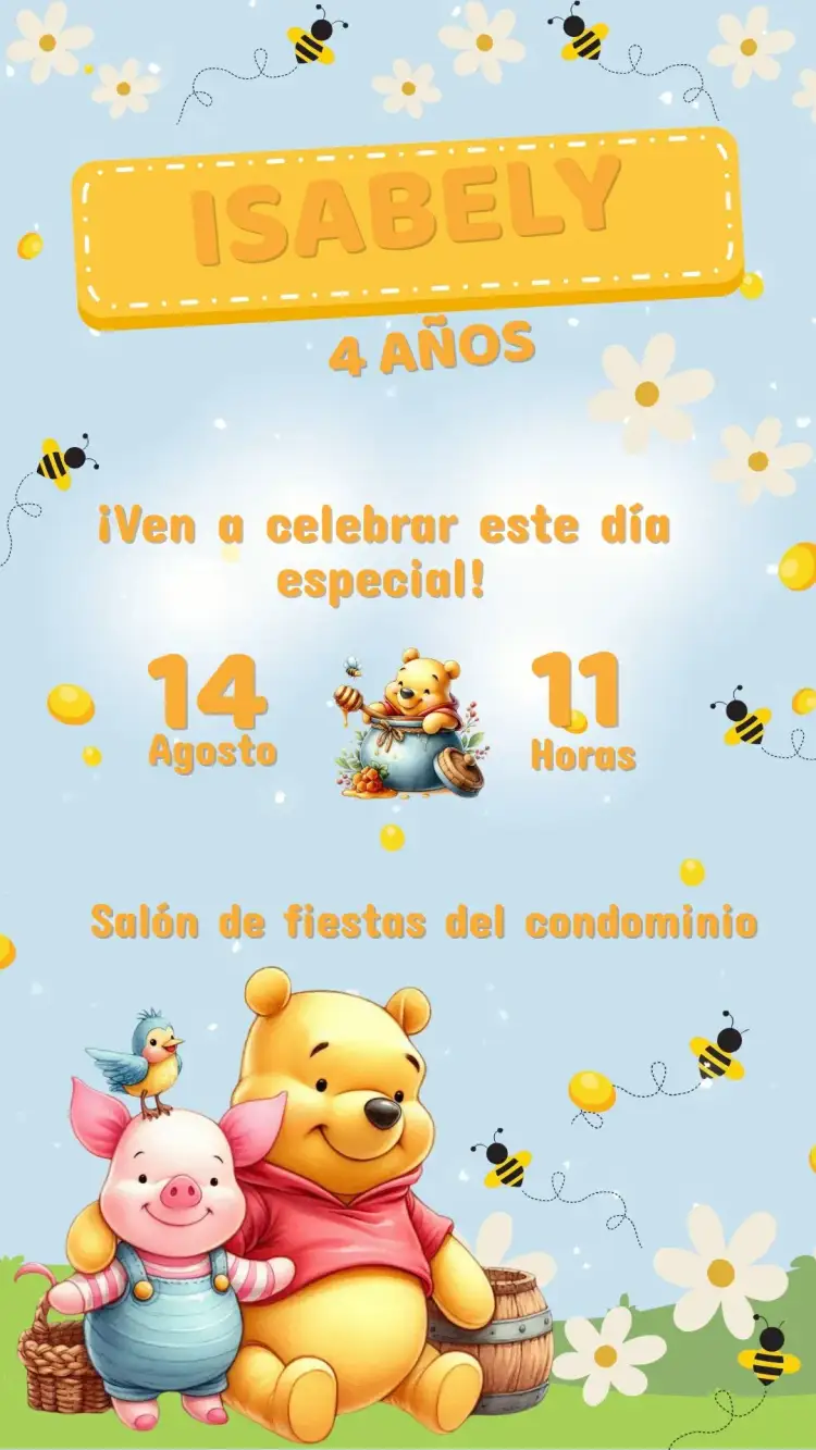 Invitación Invitación Cumpleaños Winnie the Pooh – tema Cumpleaños Infantil colorido, infantil, lúdico, pastel, natureza, amigável