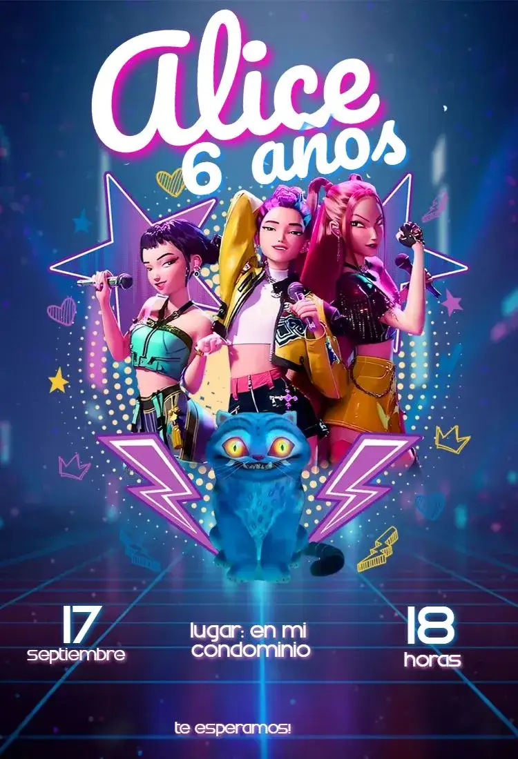 Invitación Guerreras del Kpop – tema Cumpleaños Infantil neón, moderno, fantasía, colorido, divertido
