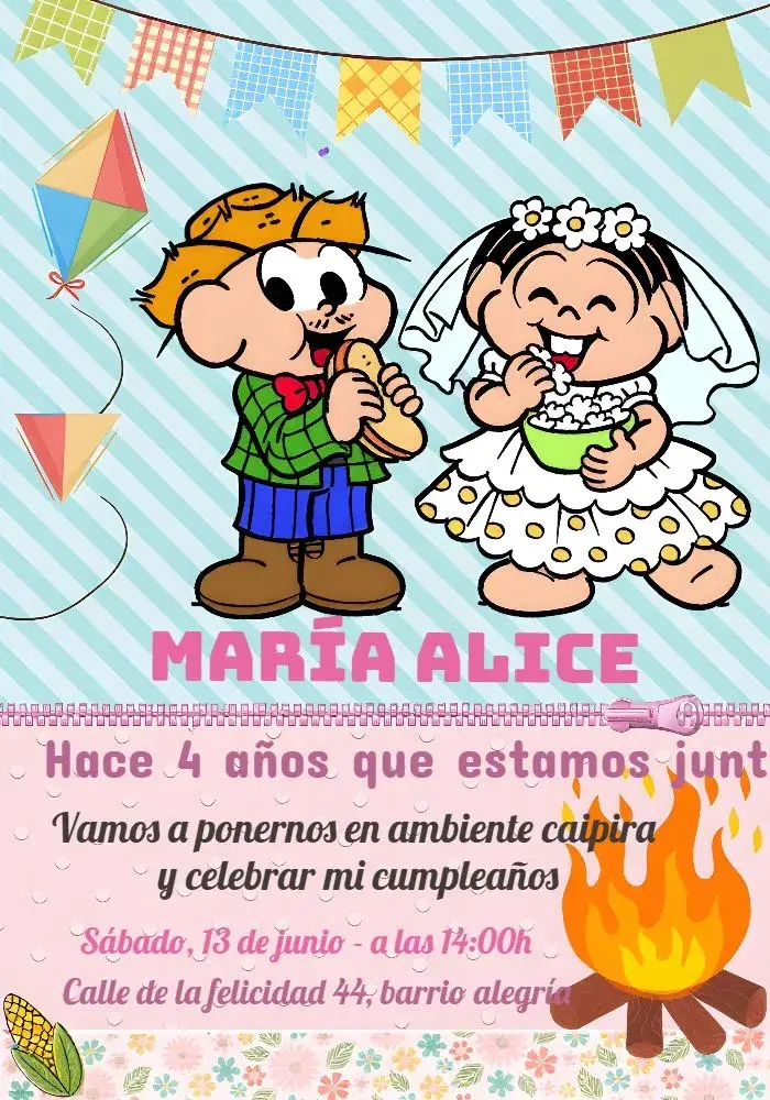 Invitación Fiesta Junina Turma Da Mônica Hoguera editable y personalizable