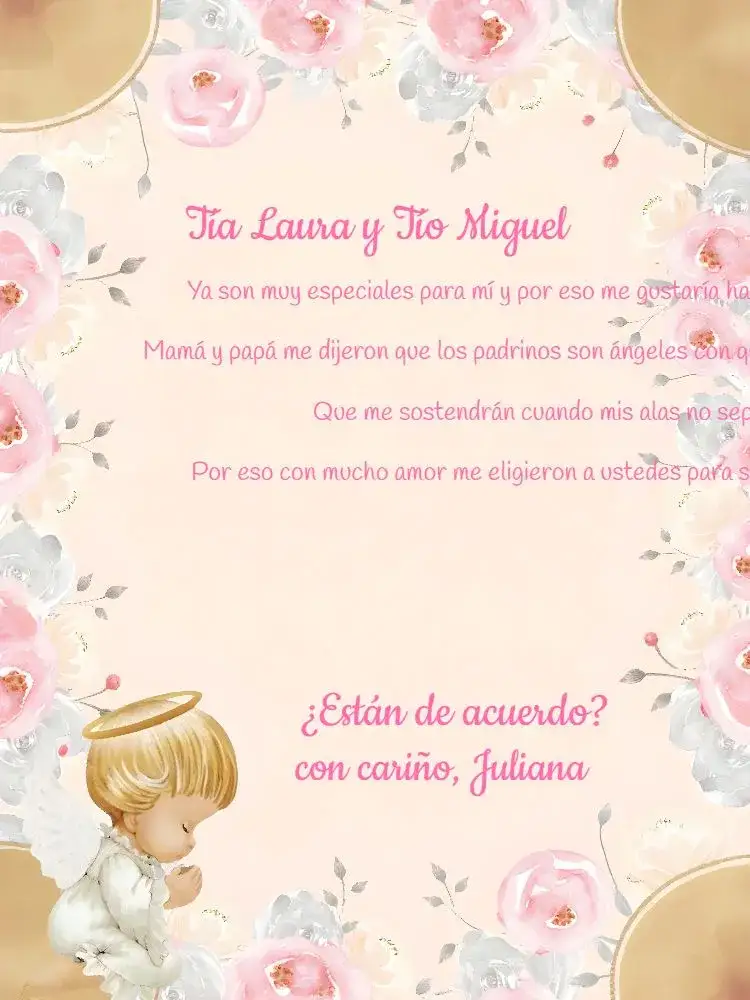 Invitación Padrinos De Bautismo Angelito Ramos – tema Bautismo rosa claro, blanco suave, minimalista, religioso, infantil