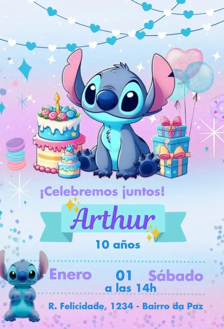 Invitación Stitch Tarta y Regalos