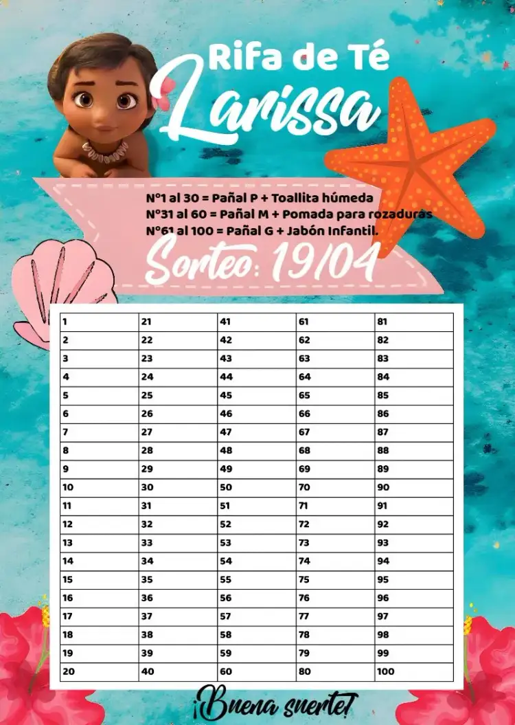 Invitación Té Rifa De Pañales Moana Participantes – tema Té Rifa moana, tropical, colorido, divertido, infantil, marinho
