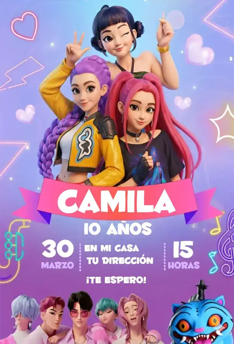 Invitación Guerreras del Kpop 5 – tema Cumpleaños colorido, moderno, jovial, divertido, pop, temático