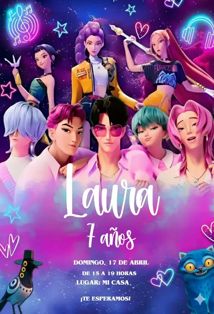 Invitación Guerreiras del Kpop 5 – tema Cumpleaños colorido, moderno, jovial, divertido, ilustraciones de guerreras