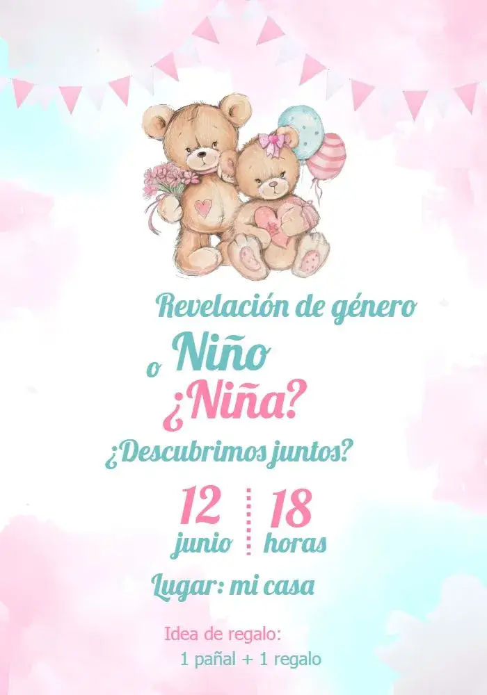 Invitación Baby Shower Ositos Azules – tema Cumpleaños Infantil acuarela, osos de peluche, azul y rosa, ilustraciones infantiles, estilo lúdico, fiesta alegre