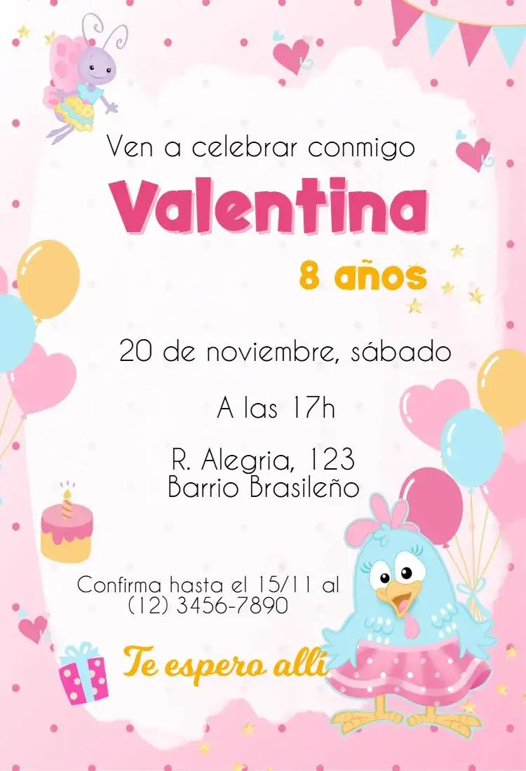 Invitación Gallina Pintadita – tema Tarjeta colorido, divertido, infantil, temático, animado, ilustraciones