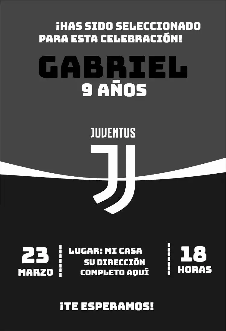 Invitación Juventus 2 – tema Cumpleaños fútbol, moderno, colorido, dinámico, deportivo, juvenil