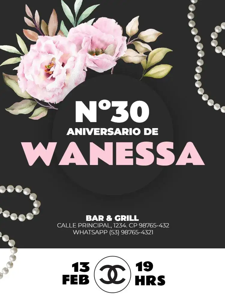 Invitación Adulto Femenino Chanel Floral Oscuro – tema Cumpleaños Infantil floral, elegante, moderno, negro y blanco, delicado, sofisticado