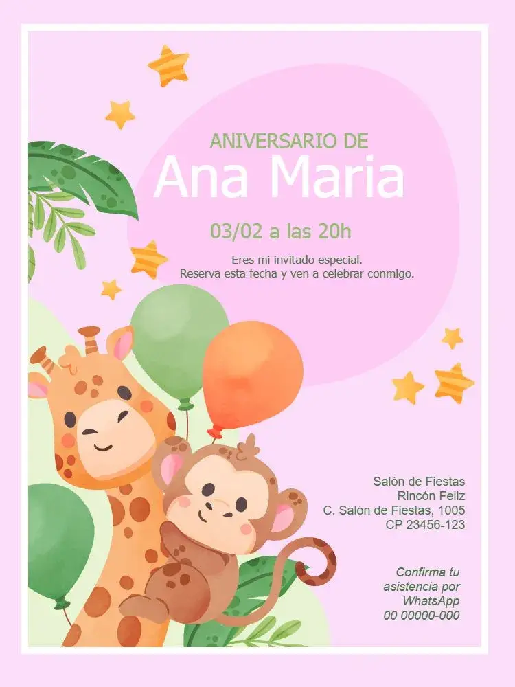 Invitación Safari Infantil Rosa Niña Animales