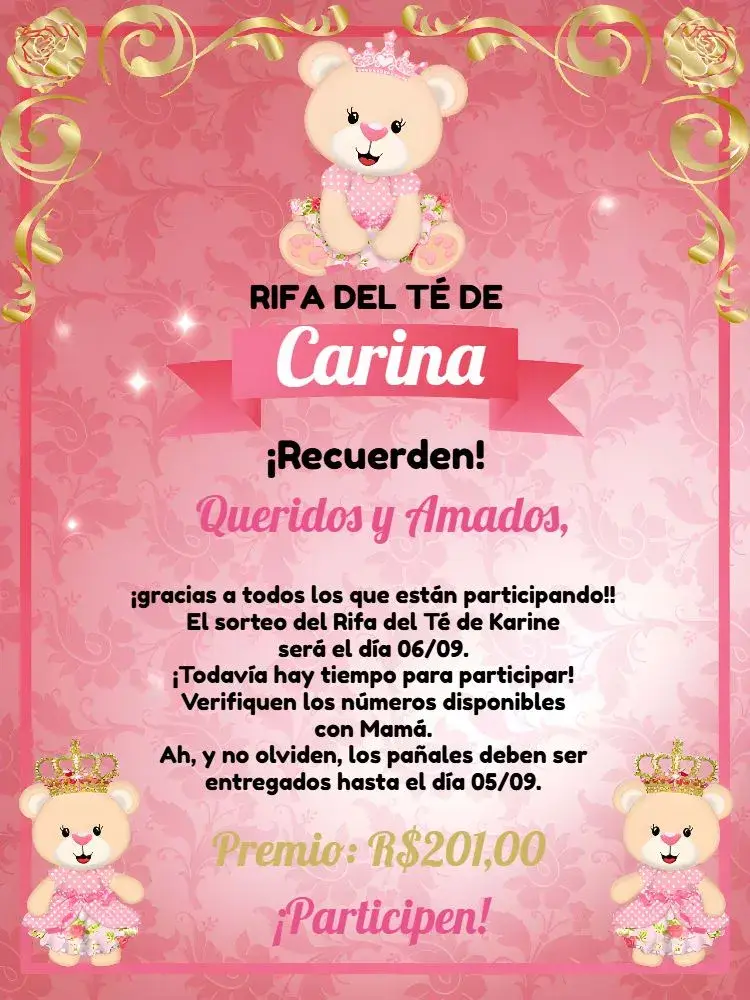 Invitación Recordatorio Baby Shower Rifa Osita Princesa Pañales editable y personalizable